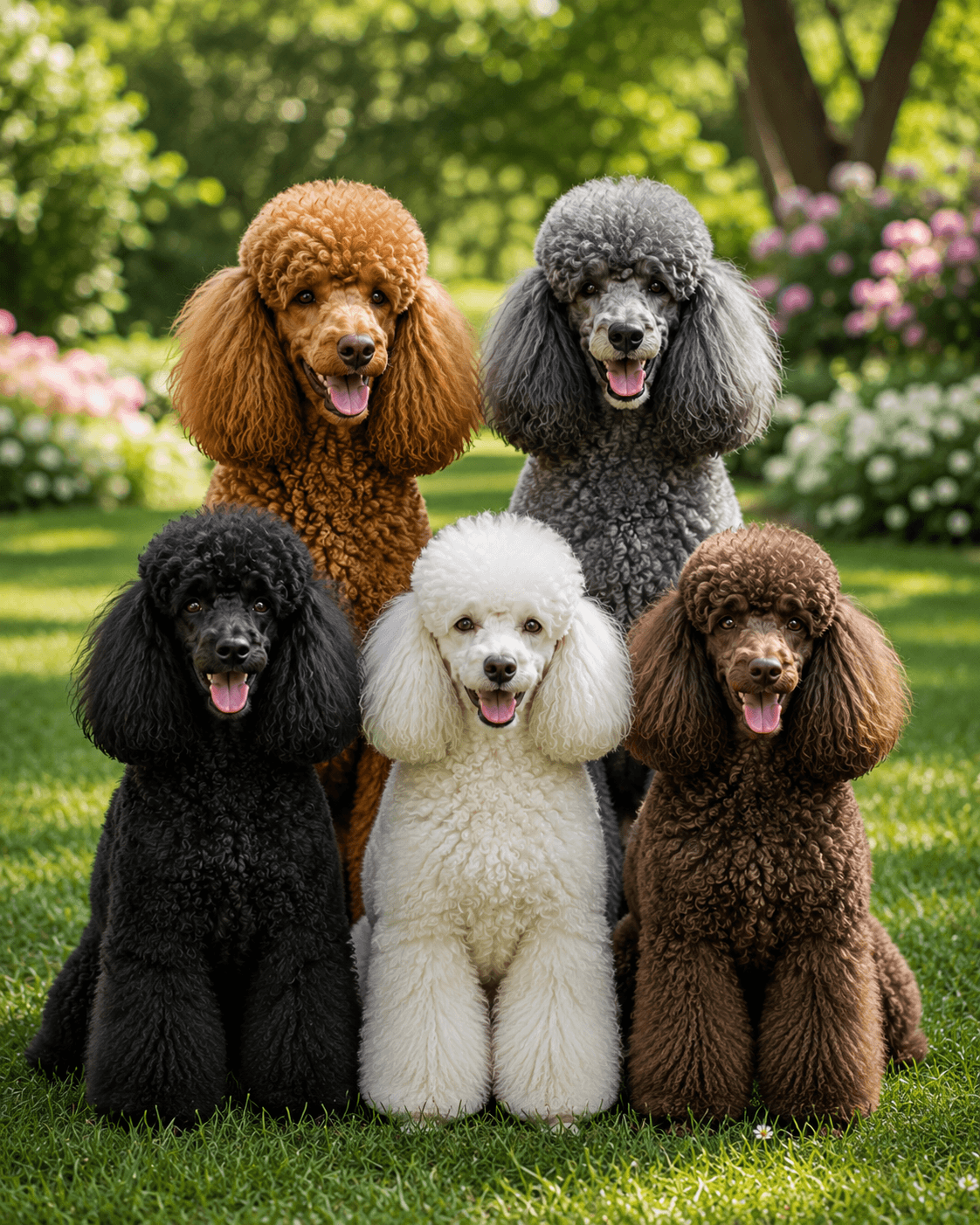 Five Poodles of different colours sitting together in a garden
